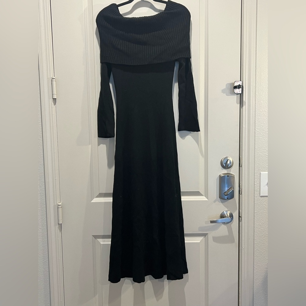 Maje Black Off Shoulder Rib Knit Maxi Dress Size 8 NWT Fitted Flare - Picture 3 of 9